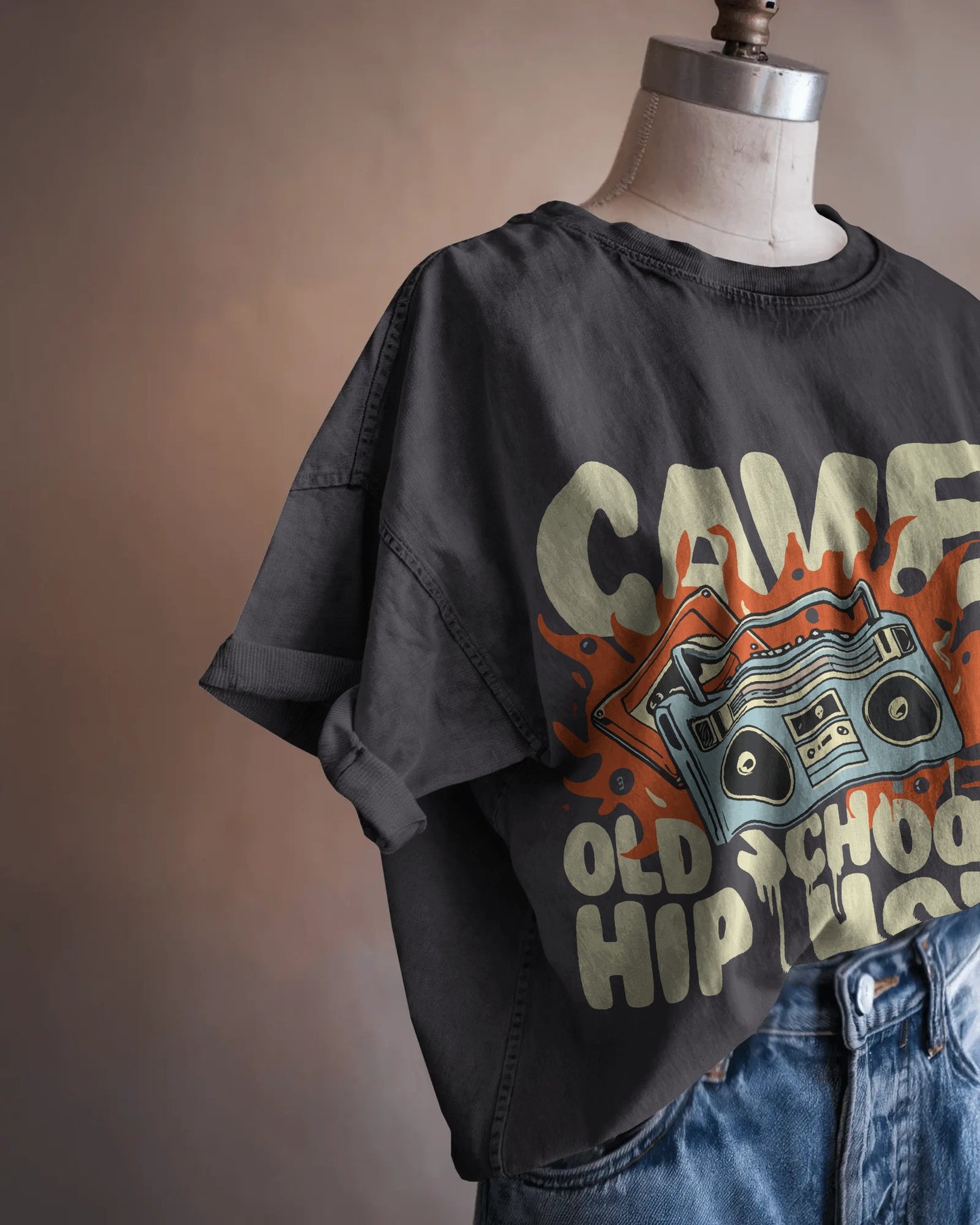 CAVE Old School Hip Hop Oversized T-Shirt – Retro Boombox Graphic Tee for Men & Women