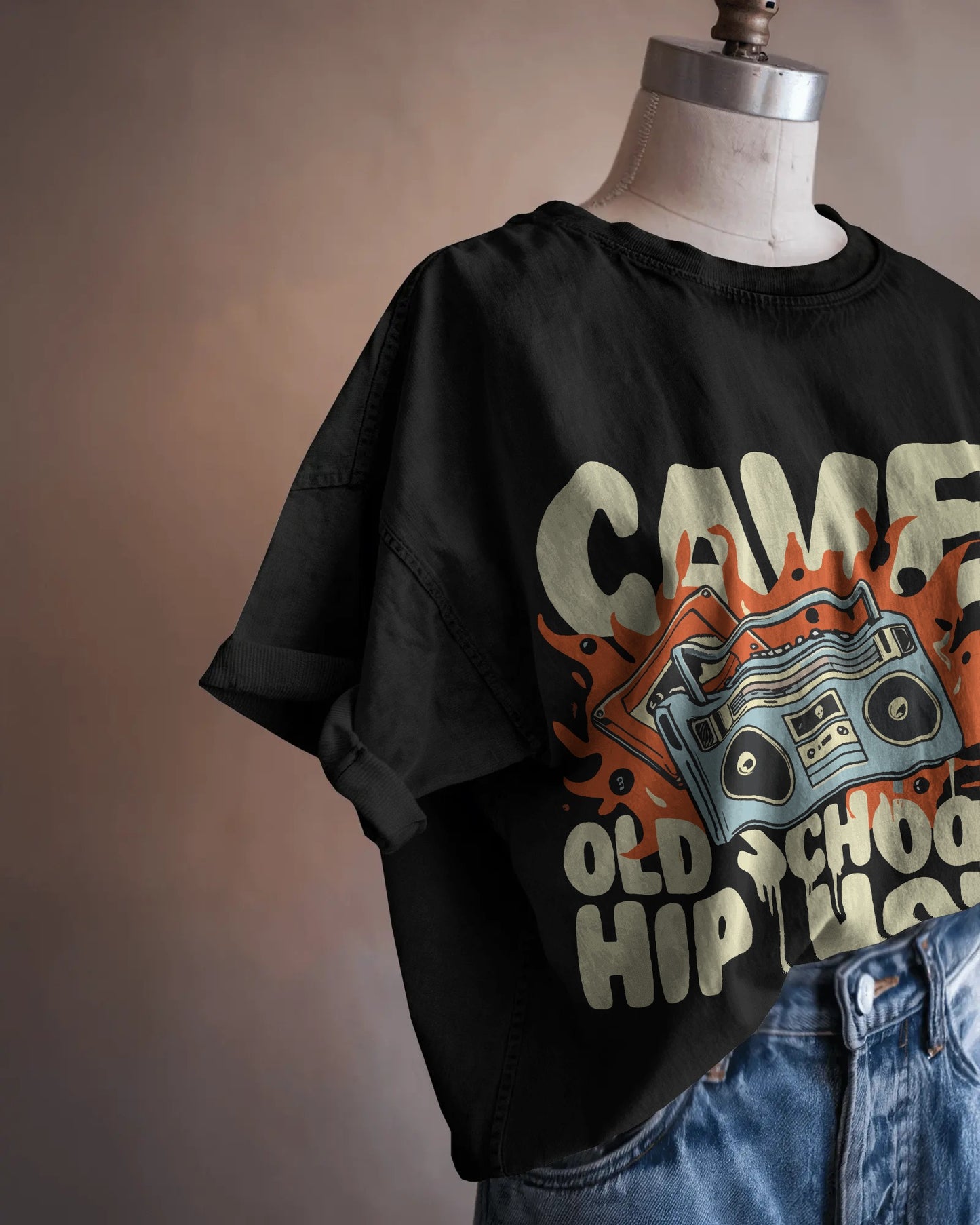 CAVE Old School Hip Hop Oversized T-Shirt – Retro Boombox Graphic Tee for Men & Women