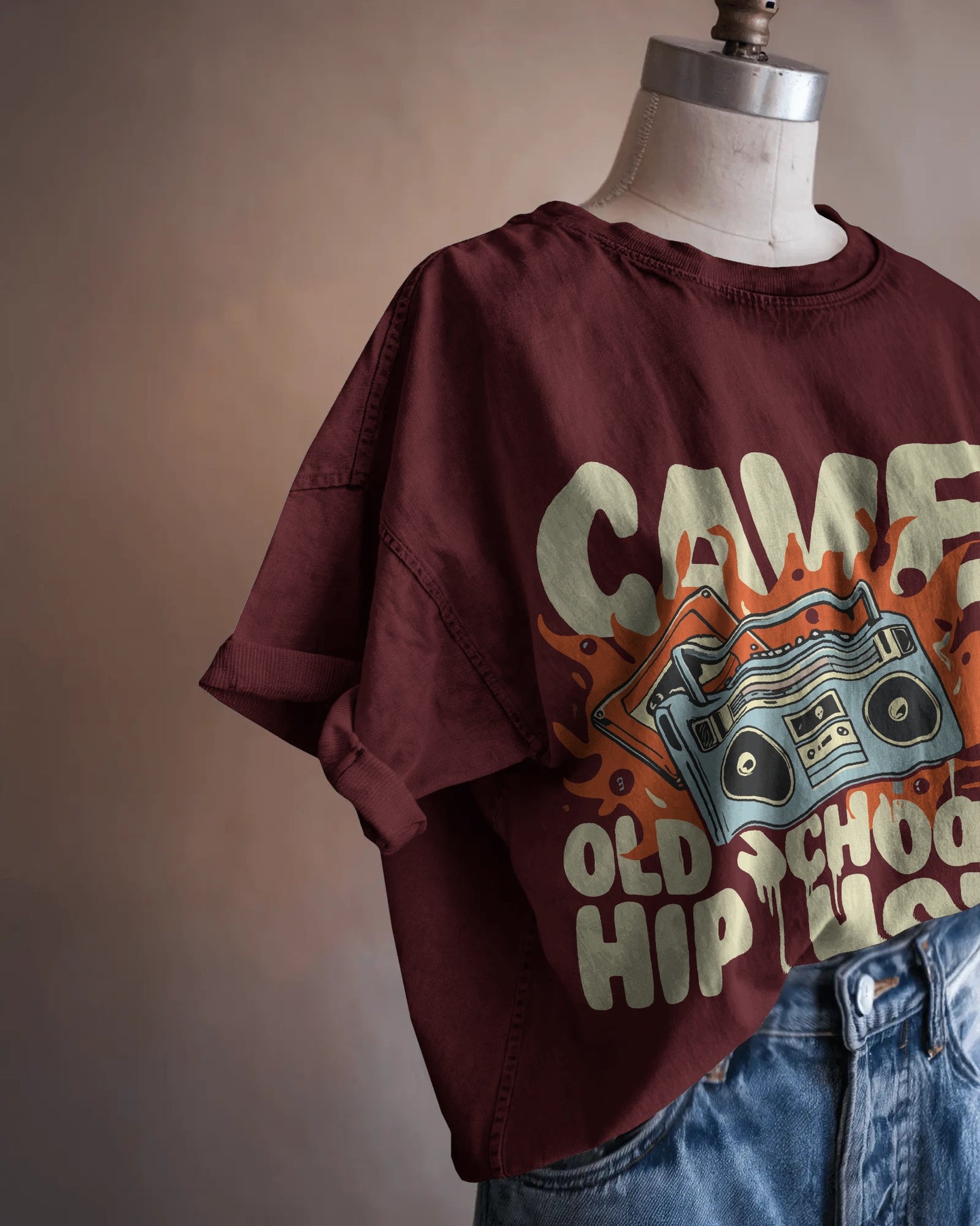 CAVE Old School Hip Hop Oversized T-Shirt – Retro Boombox Graphic Tee for Men & Women